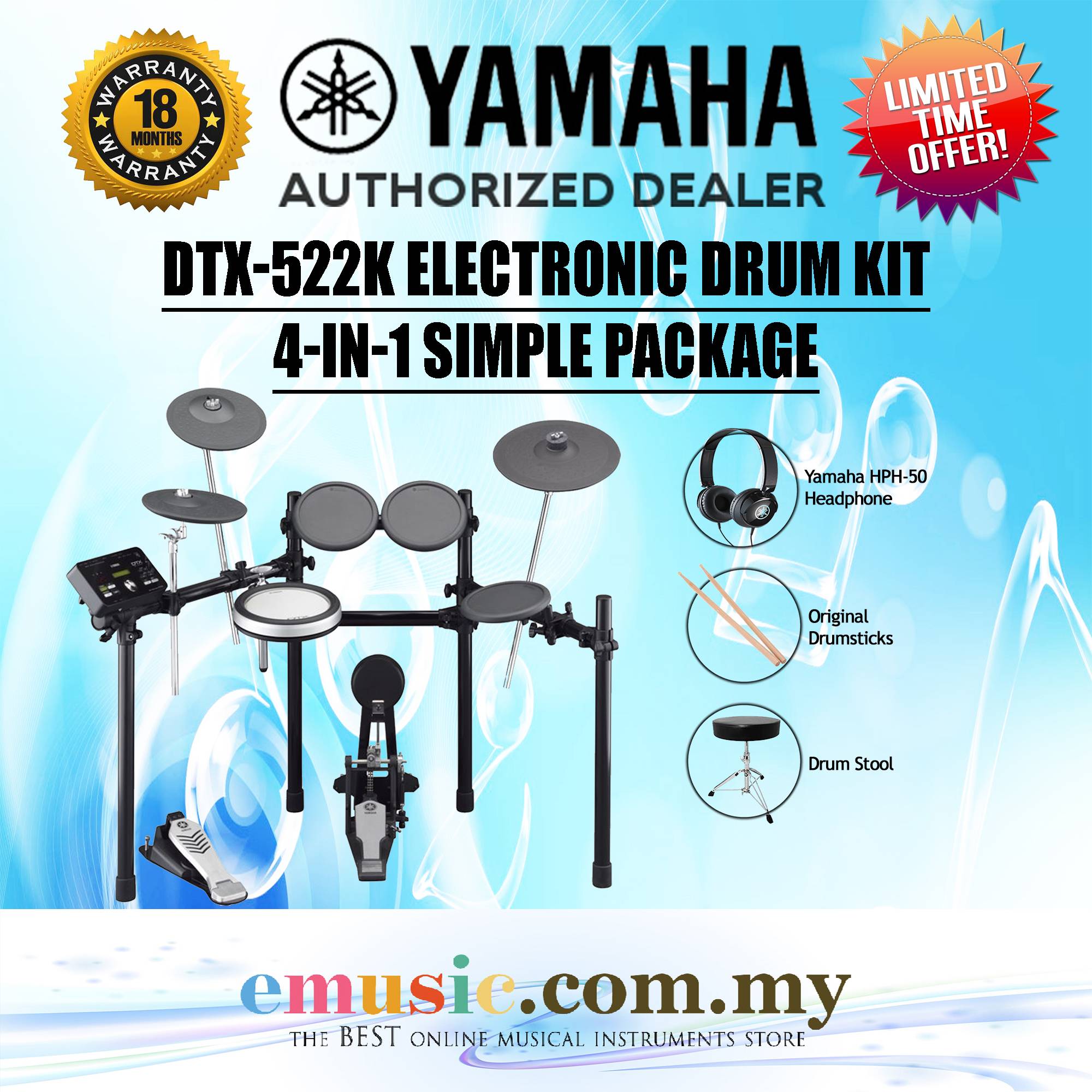 Yamaha DTX522K Electronic Drum Kit Simple Package Emusic